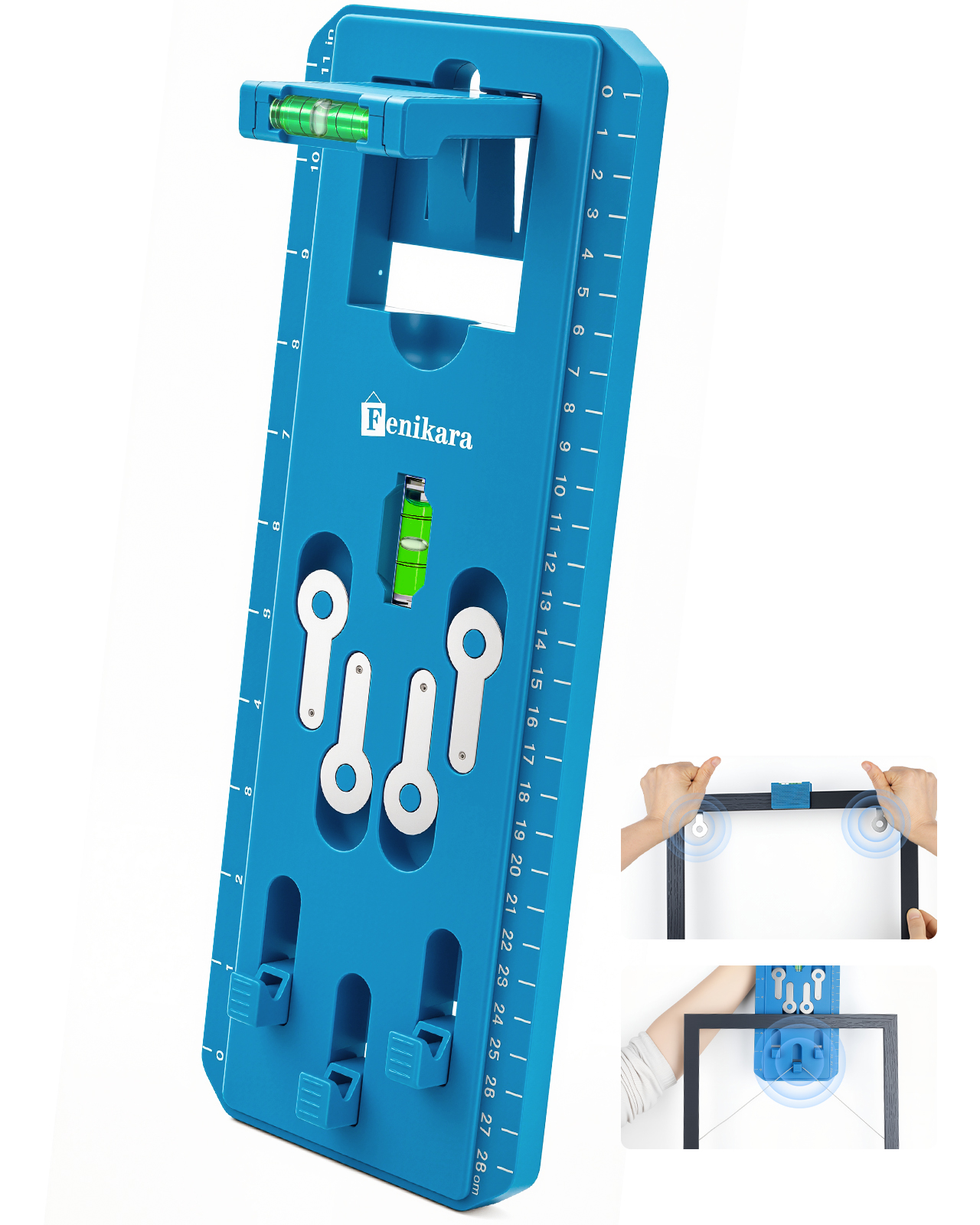 Fenikara blue picture hanging tool with built-in level and magnetic marking keys