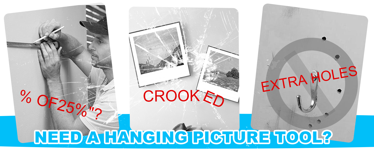 Common picture hanging problems including crooked frames and extra holes